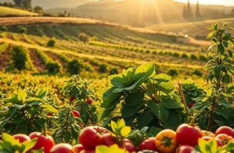 A vibrant field with lush vegetation and various organic fruits and vegetables.
