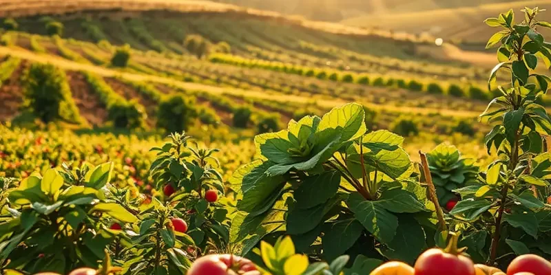 A vibrant field with lush vegetation and various organic fruits and vegetables.
