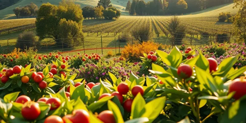 A lush landscape filled with colorful vegetables and fruits growing abundantly in nature, perfect for meal planning.
