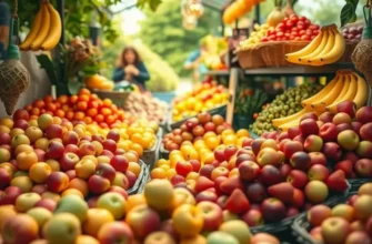 A picturesque sunlit field filled with fresh, organic fruits and vegetables growing among lush greenery.