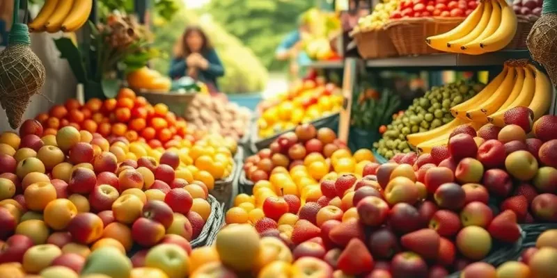 A picturesque sunlit field filled with fresh, organic fruits and vegetables growing among lush greenery.