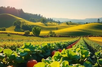 A lush landscape of an organic field filled with vibrant vegetables and fruits, embodying the essence of ethical farming.