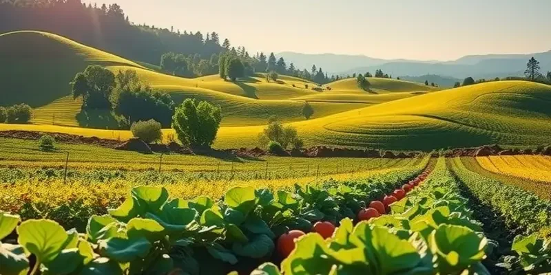 A lush landscape of an organic field filled with vibrant vegetables and fruits, embodying the essence of ethical farming.