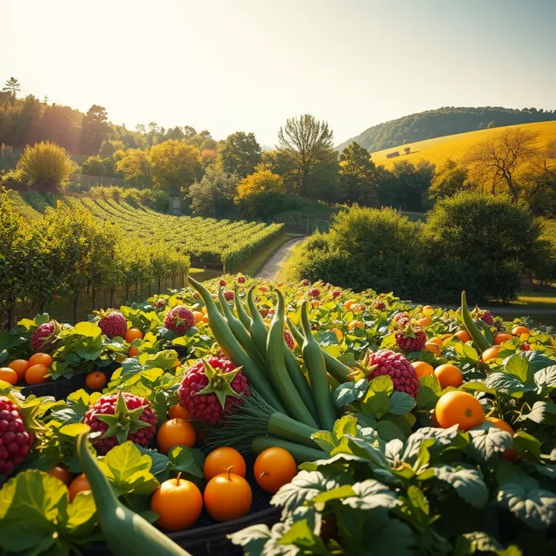 A sunlit field showcasing vibrant vegetables and fruits, representing the freshness of nature’s produce.