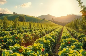 A vibrant field of organic vegetables and fruits in a lush green landscape.