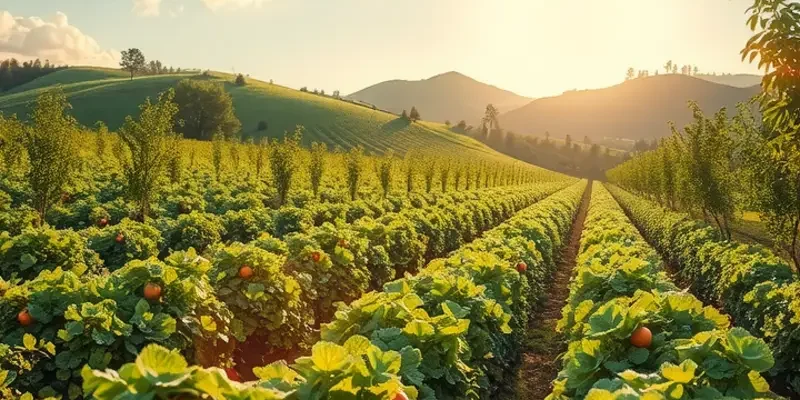 A vibrant field of organic vegetables and fruits in a lush green landscape.