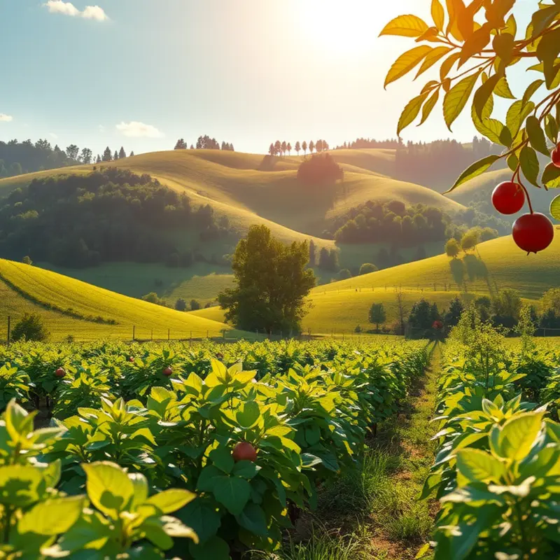 A sunlit garden filled with vibrant vegetables and fruits, symbolizing fresh ingredients.