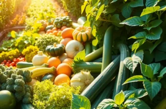 A bright landscape of fields overflowing with organic fruits and vegetables in sunlight.