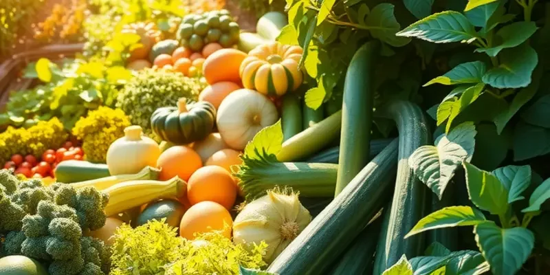 A bright landscape of fields overflowing with organic fruits and vegetables in sunlight.