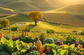 A beautiful sunlit field showcasing an array of organic vegetables and fruits surrounded by greenery.