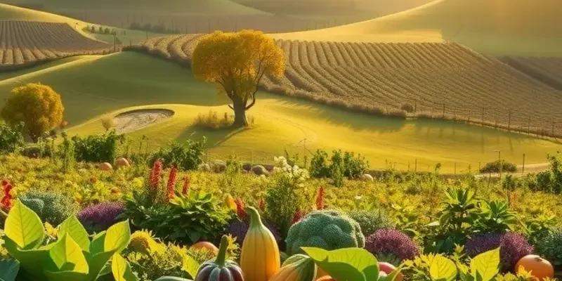 A beautiful sunlit field showcasing an array of organic vegetables and fruits surrounded by greenery.