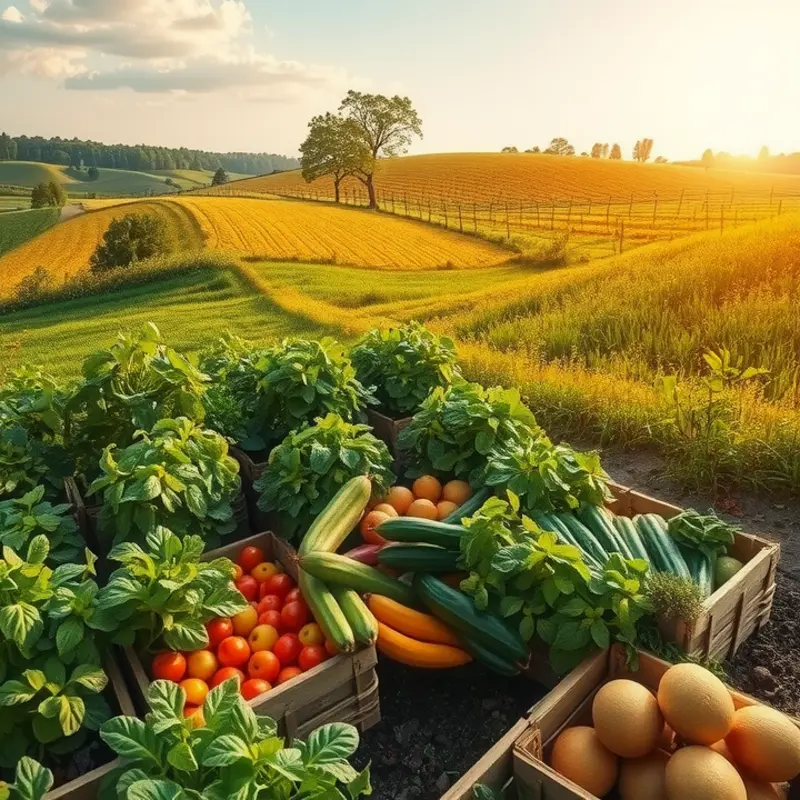 A lush, sunlit field showcasing vibrant fruits and vegetables.