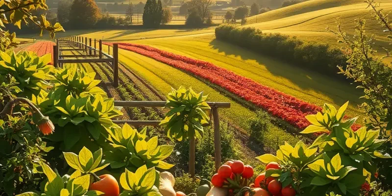 A sunny landscape featuring an abundance of fresh organic produce, representative of healthy nutrition.