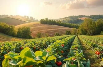 A serene landscape showcasing vibrant organic fruits and vegetables flourishing under soft sunlight.