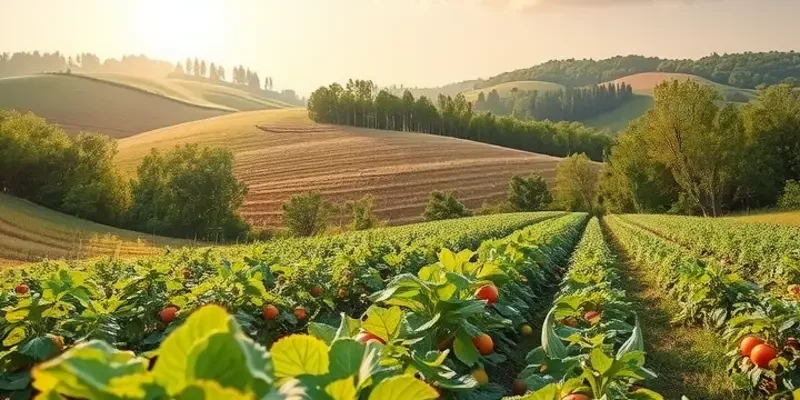 A serene landscape showcasing vibrant organic fruits and vegetables flourishing under soft sunlight.