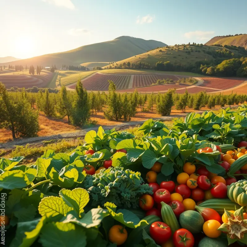 A sunlit field rich with vibrant fruits and vegetables, symbolizing natural nourishment.