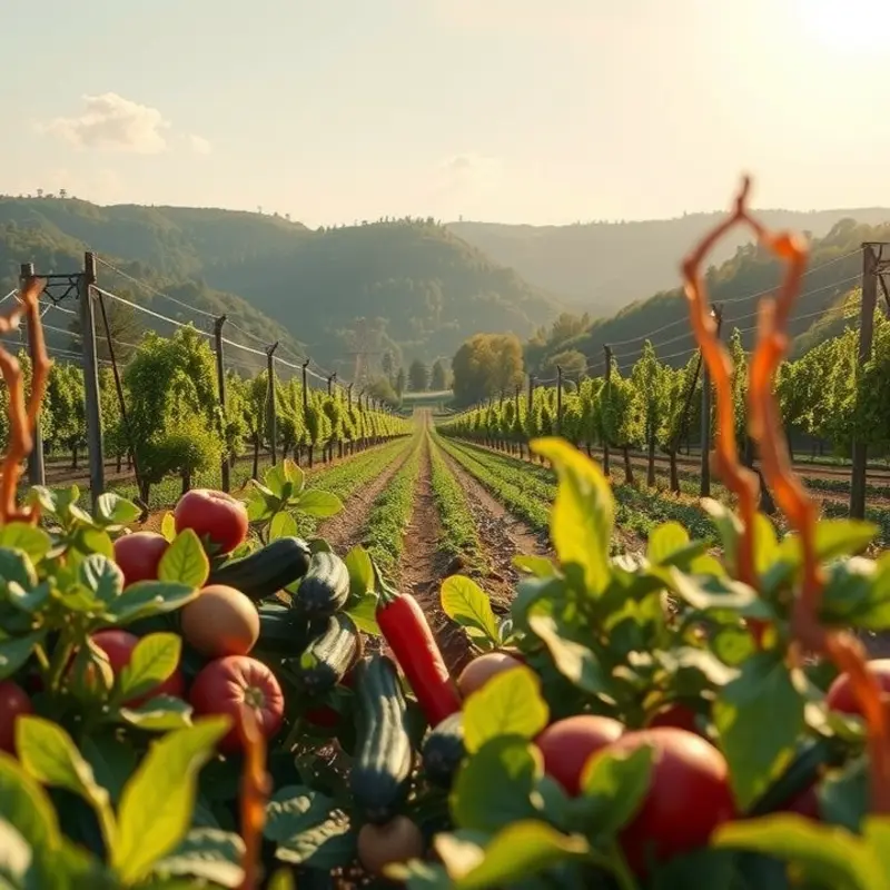 A sunny orchard overflowing with fresh organic fruits and vegetables.