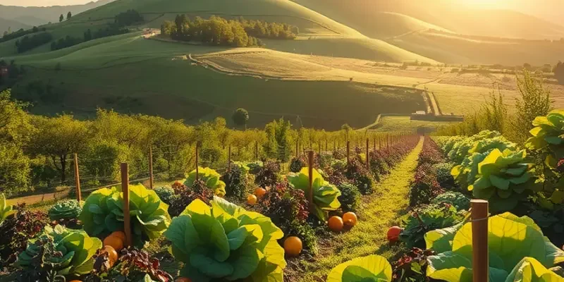 A vibrant organic garden filled with a multitude of fresh fruits and vegetables under the sun.