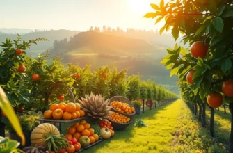 A beautiful organic garden scene with a variety of fruits and vegetables growing under warm sunlight.
