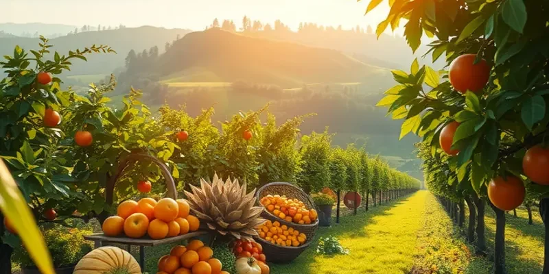 A beautiful organic garden scene with a variety of fruits and vegetables growing under warm sunlight.