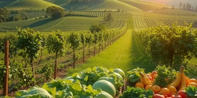 A beautiful sunlit garden filled with colorful fruits and vegetables, representing natural abundance.