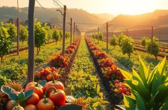 A landscape showing an abundant garden with fresh vegetables and fruits in a natural setting.