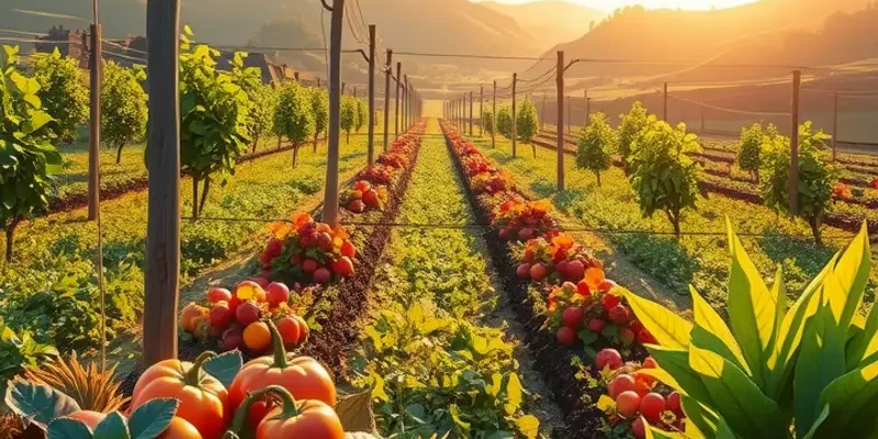 A landscape showing an abundant garden with fresh vegetables and fruits in a natural setting.
