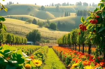 A calm and inviting landscape of an organic harvest field filled with colorful vegetables and fruits.