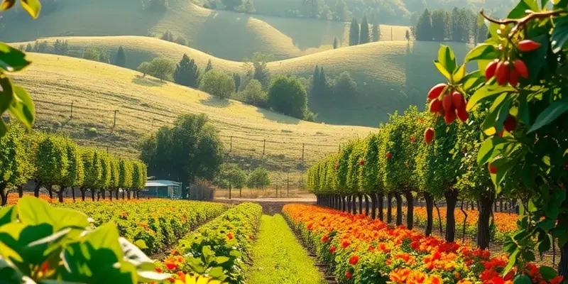 A calm and inviting landscape of an organic harvest field filled with colorful vegetables and fruits.