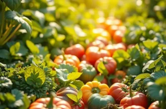 A bright landscape showcasing an organic farming field, abundant with fruits and vegetables alongside lush greenery.