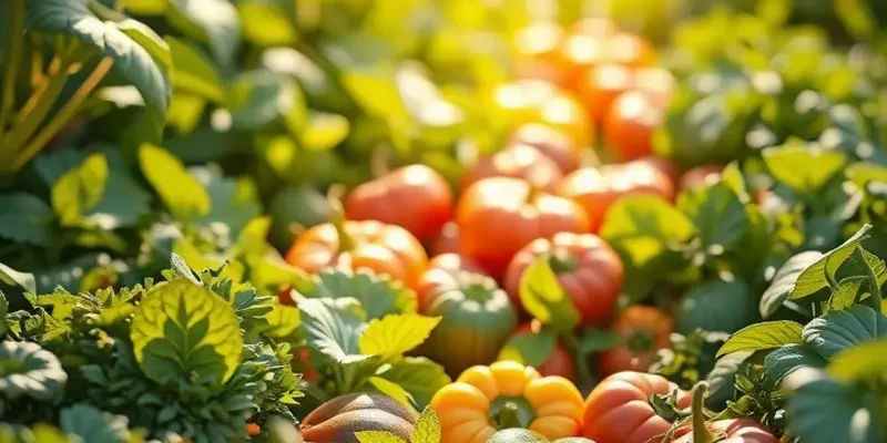A bright landscape showcasing an organic farming field, abundant with fruits and vegetables alongside lush greenery.