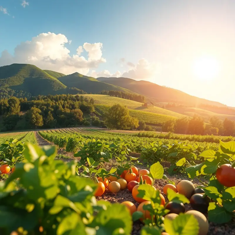 A vibrant sunlit field showcasing organic vegetables and fruits.