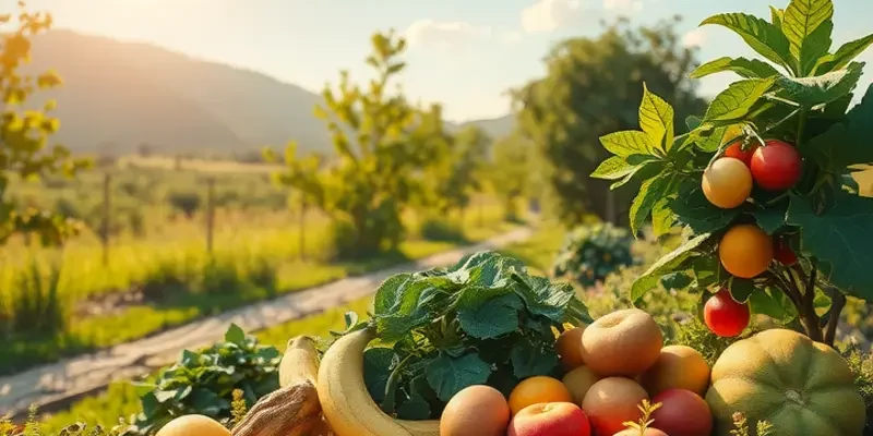 A beautiful sunlit orchard filled with fruits and vegetables representing natural, organic farming.