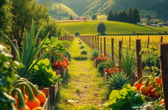 A vibrant landscape showcasing an organic harvest of fruits and vegetables in a sunny setting.