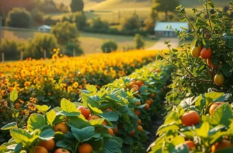 An orchard filled with colorful fruits and vegetables under warm sunlight.