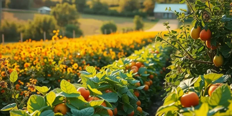 An orchard filled with colorful fruits and vegetables under warm sunlight.