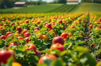Photorealistic landscape featuring an organic harvest with vibrant fruits and vegetables.