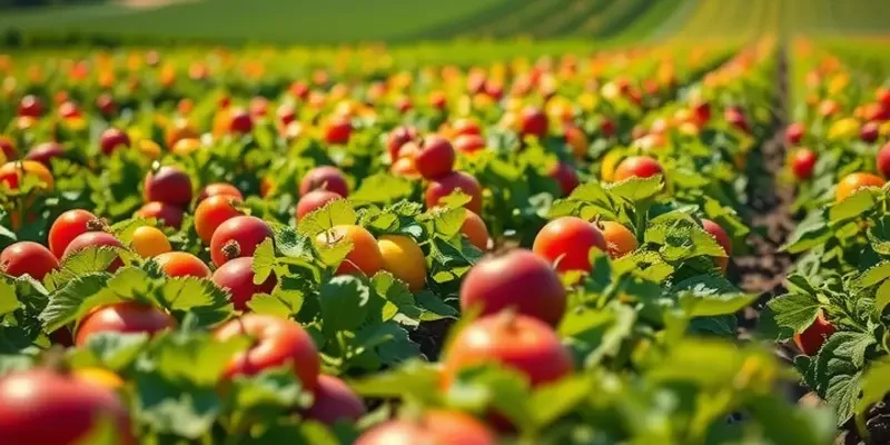 Photorealistic landscape featuring an organic harvest with vibrant fruits and vegetables.