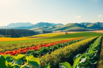 A beautiful landscape of a sunlit field filled with vibrant organic vegetables and fruits.