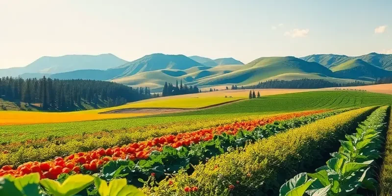 A beautiful landscape of a sunlit field filled with vibrant organic vegetables and fruits.
