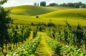 A serene landscape representing an organic harvest with bountiful produce.
