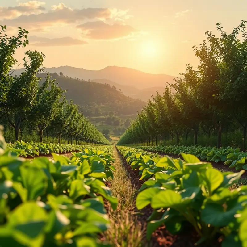 A lush organic field showcasing vibrant vegetables and fruits.