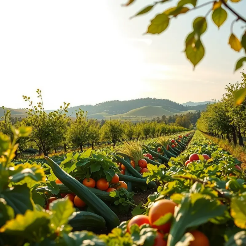 A sunlit field full of vibrant vegetables and fruits, illustrating the essence of fresh, organic produce.