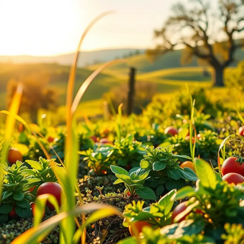A vibrant, sunlit landscape representing the freshness of organic fruits and vegetables.