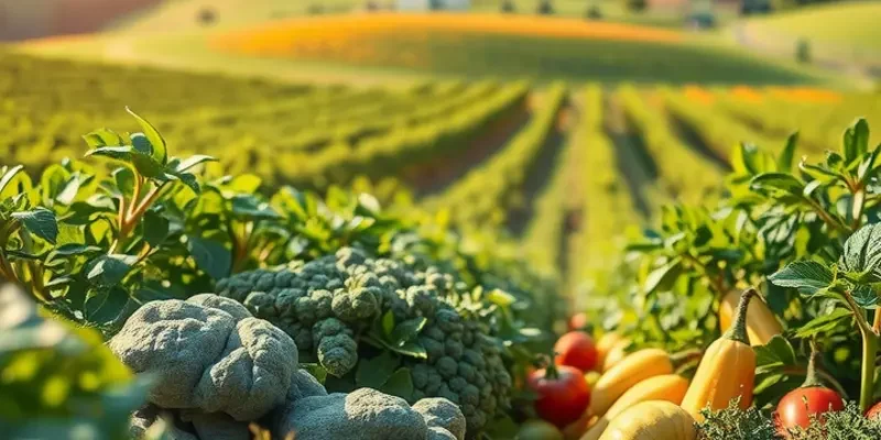 An expansive field of fresh produce growing under warm sunlight.