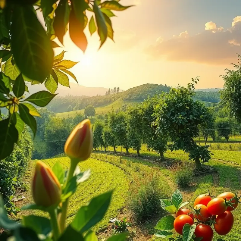 A vibrant sunlit field showcasing an abundance of fresh vegetables and fruits.