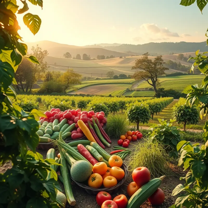 A picturesque orchard filled with organic fruits and vegetables basking in sunlight.