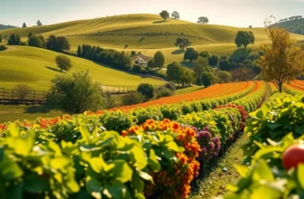 A sunlit field showcasing a rich harvest of vibrant organic produce.