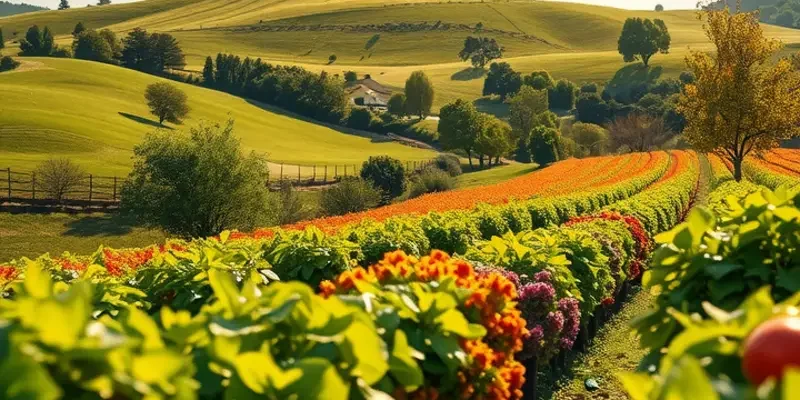 A sunlit field showcasing a rich harvest of vibrant organic produce.