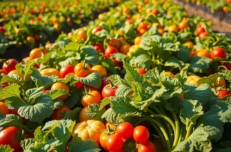 An image depicting a vibrant organic landscape filled with healthy vegetables and fruits under natural lighting.